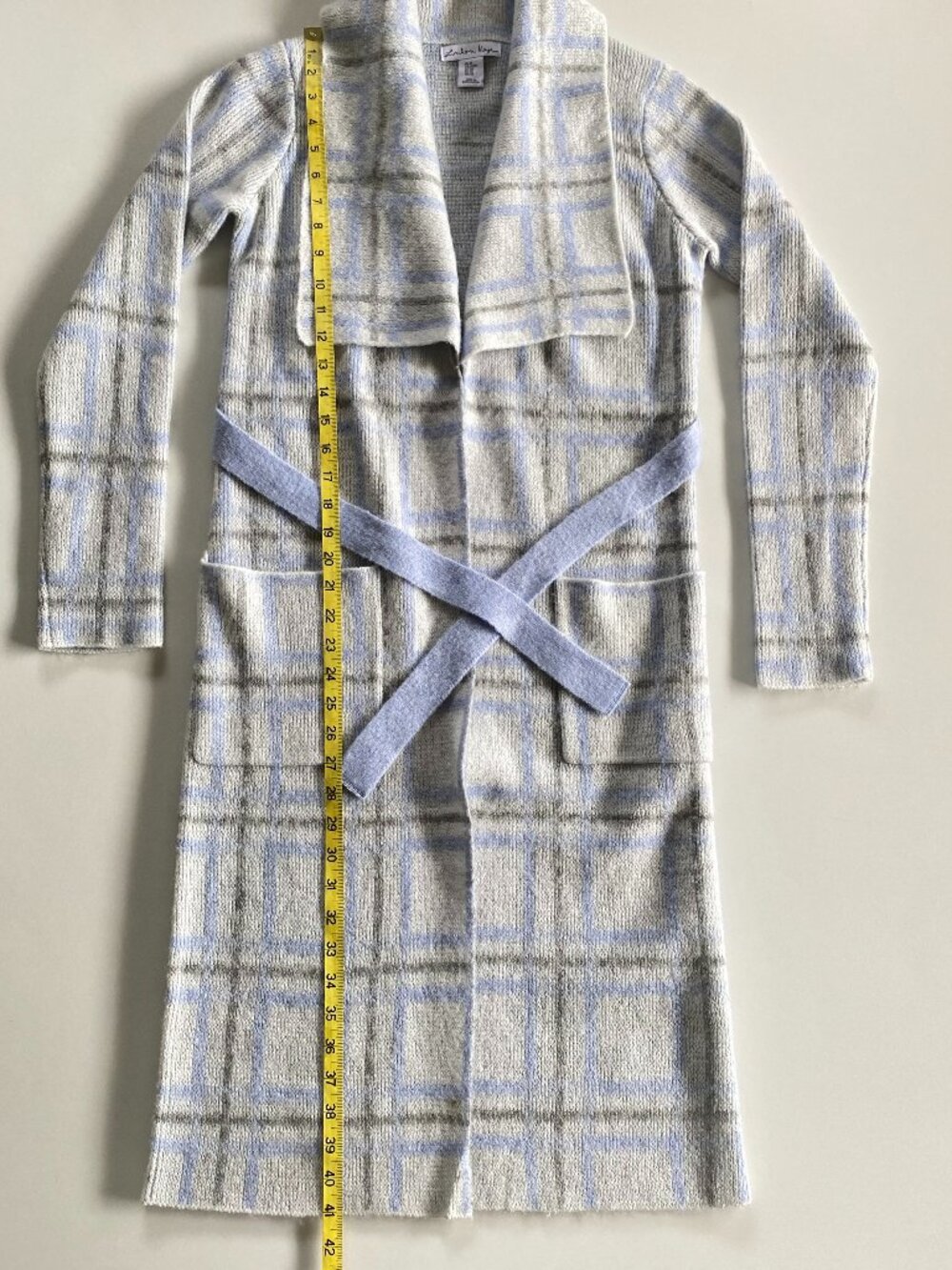 London Kaye Long Plaid Belted Cozy Cardigan Blue Grey XS - Picture 7 of 9
